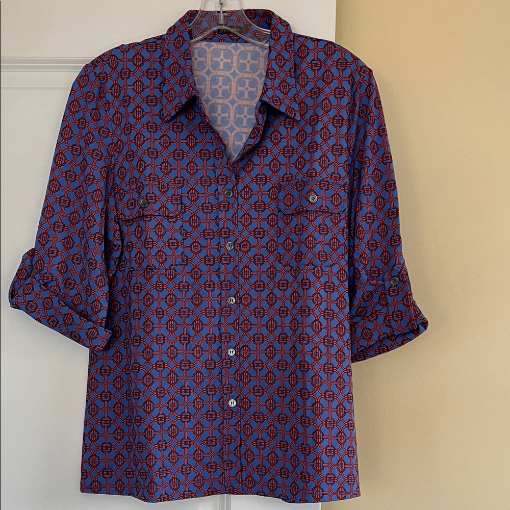 J. McLaughlin Blue and Red Geometric Shirt